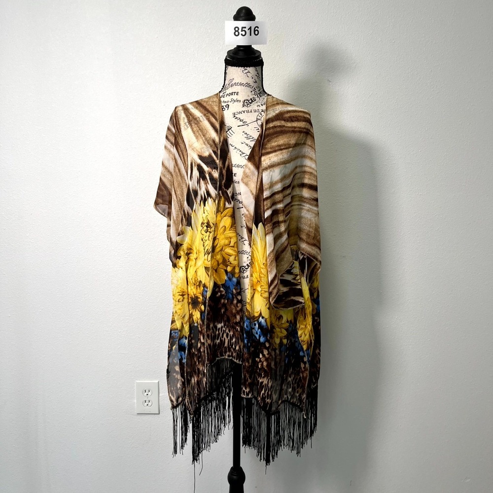 Womens‎ Kimono Cardigan OS Multicolor Floral Animal Print Fringe Hem Beach Boho